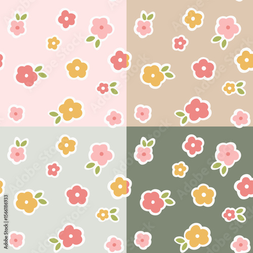 earth tone seamless pattern of flowers white outline and leaves with baby pink, light brown, sage and olive color background.