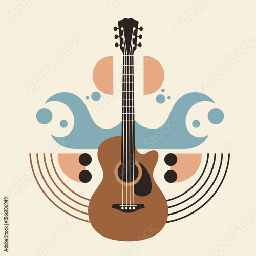 Geometric vector illustration of guitar with waves and circles, simple abstract shapes, symmetrical balanced composition, flat colors and minimal lines, modern stylish design