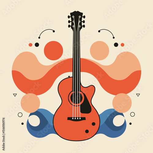 Geometric vector illustration of a guitar with waves and circles in flat colors, abstract modern design with symmetry and minimal lines