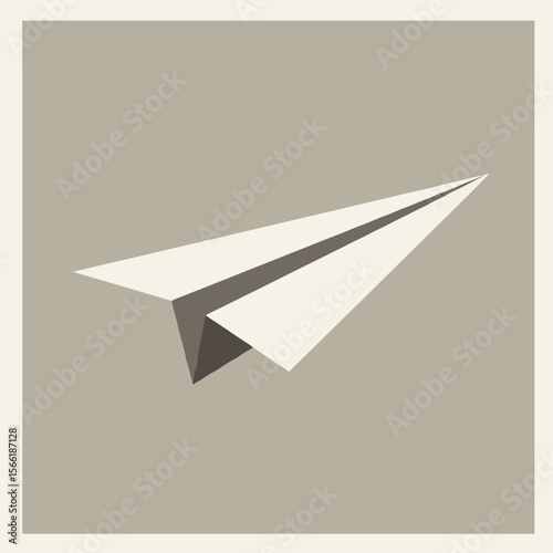 Minimalist vector illustration of paper airplane in flight, neutral muted tones, modern flat design, simple shapes