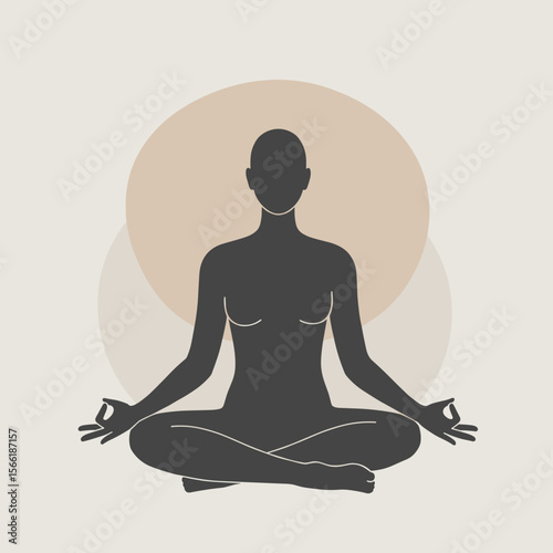 Minimalist vector illustration of person meditating, muted neutral tones, simplified shapes, clean modern style, artistic flat design, suitable for branding and posters with copy space