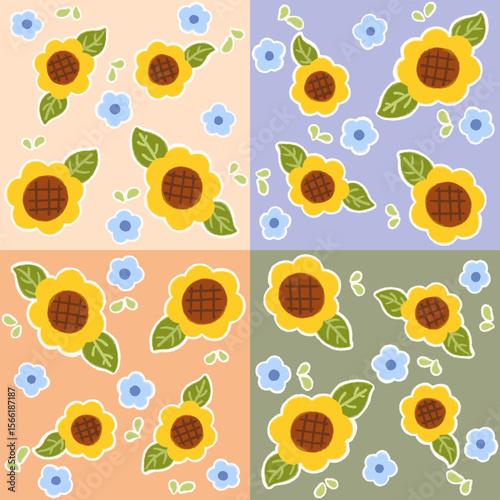 colorful seamless pattern of sunflowers with light purple, light orange, bright orange and olive color.