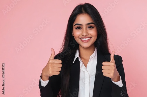 Confident Indian woman in formal wear doing a double thumbs-up, radiant smile
