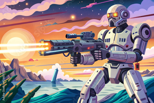 Futuristic sci-fi battlefield featuring a combat robot with laser weaponry perfect vector illustration for games, concept art, or high-tech war and cyberpunk design themes