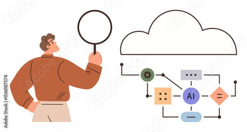 Man holds magnifying glass beside cloud and connected AI system diagram. Ideal for technology, AI, data analysis, cloud computing, research, innovation, connectivity themes. Simple flat metaphor