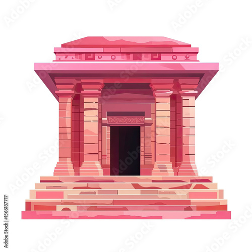 Ancient Temple Structure Surrounded by Mystical Pink Hue and Shadows
