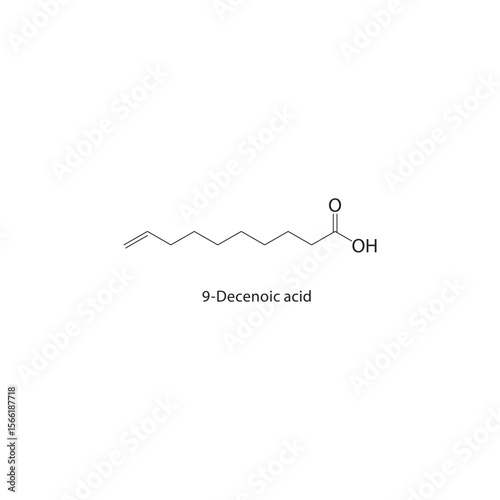 9-Decenoic acid skeletal structure. Carboxylic acid compound schematic illustration. Simple diagram, chemical formula.