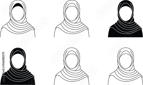 Six Hijab Illustrations in Black and White Outlines