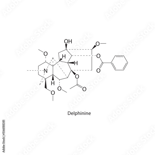 Delphinine skeletal structure. Alkaloid compound schematic illustration. Simple diagram, chemical formula.