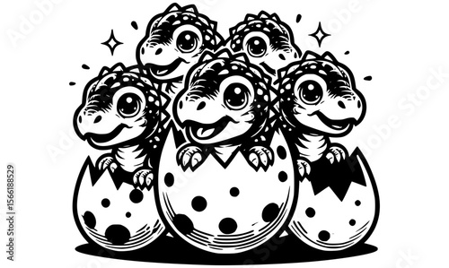 A group of baby dinosaurs hatching from eggs, drawn in cute black and white