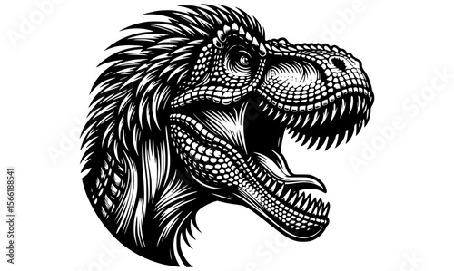 Black and white line art of a roaring T-Rex with detailed scales and sharp teeth