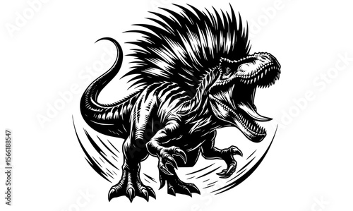 Black and white roaring Spinosaurus with a sail on its back