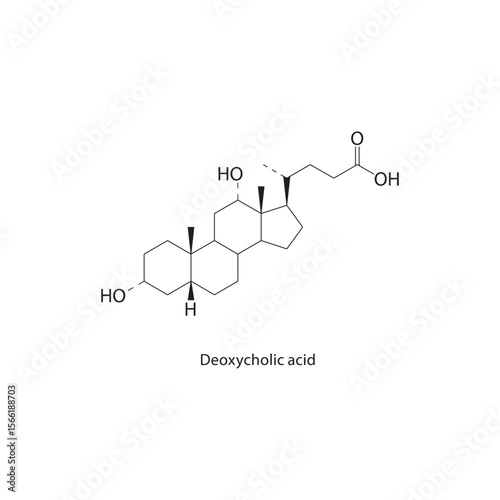 Deoxycholic acid skeletal structure. Bile acid compound schematic illustration. Simple diagram, chemical formula.