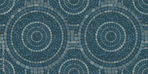 Seamless pattern blue Circular Mosaic. Decorative Antique Stone Ornament.