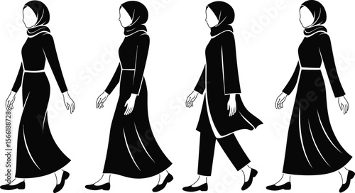 Black and White Silhouettes of Women in Hijabs Walking