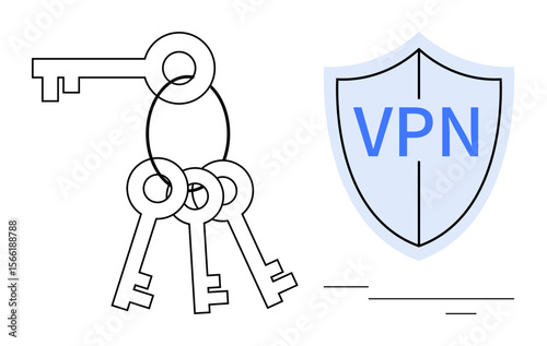 Cluster of keys symbolizing access and security next to a VPN shield. Ideal for cybersecurity, data encryption, network protection, secure access, online privacy, authentication, digital safety