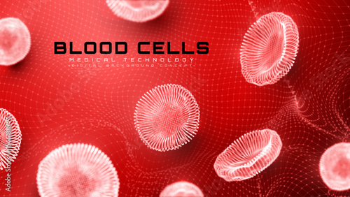 Red blood cells glow on dark red background. Abstract hematology wave medical technology scene, Vector illustration.