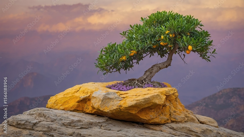 Obraz premium Bonsai orange tree on rugged rock with scenic mountain view at sunset