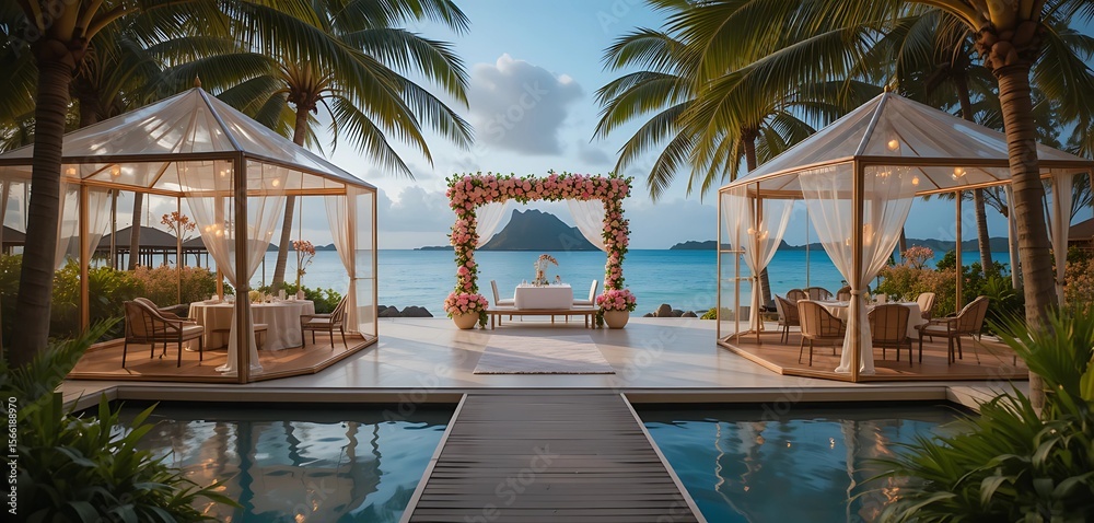 Fototapeta premium Fiji private island wedding with palm-framed transparent tents, floating floral mandalas, and ocean infinity platform.
