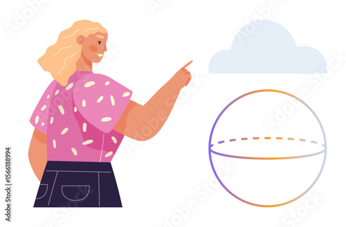 Woman gesturing toward a cloud and a gradient-outlined sphere with a dashed line. Ideal for innovation, creativity, communication, technology, education, progress, connectivity themes. Simple flat