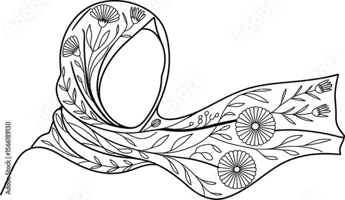 Black and White Floral Hijab Illustration with Flowing Scarf