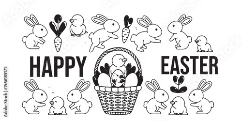 Happy easter illustration with bunnies chicks basket and eggs in black and white outline style art