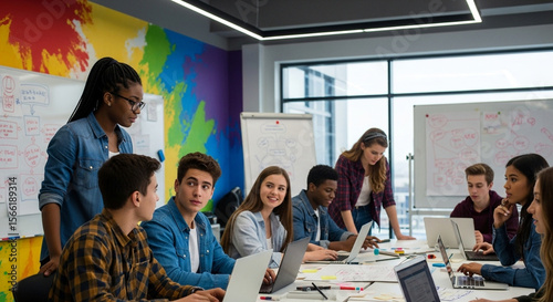 Diverse Group of Students Collaborating on a Project in a Modern Classroom, Using Laptops and Engaging in Discussions, With a Teacher Overseeing Progress