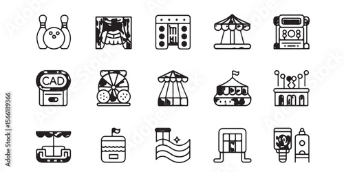 Various amusement park and recreational icons in a black and white outlined graphic design style layout