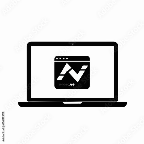 Laptop with Custom Software Interface Icon. A sleek black silhouette of a laptop displaying a unique software interface on its screen
