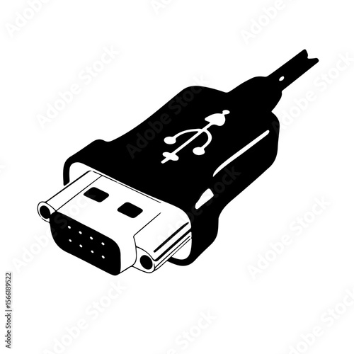 VGA Connector Cable Close-up. A detailed close-up illustration of a black VGA (Video Graphics Array) connector and cable