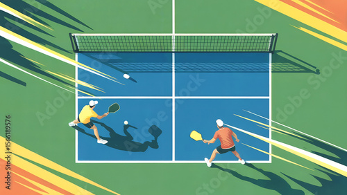 Dynamic pickleball match with players on a blue court and green surroundings