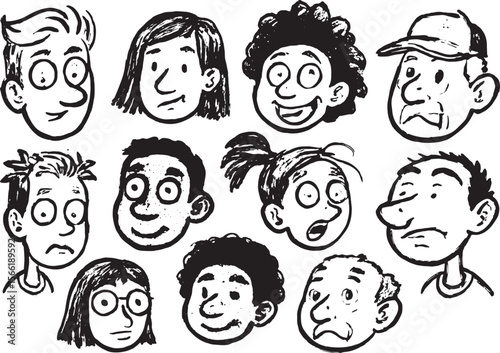 Hand Drawn Cartoon Faces with Various Emotions – Black and White Sketch