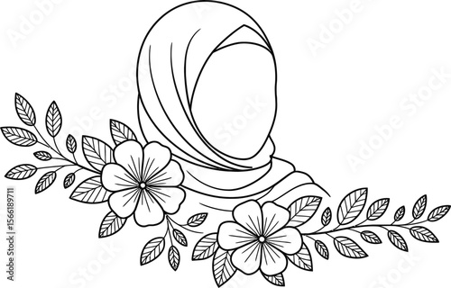 Black and white illustration of a hijab and floral elements