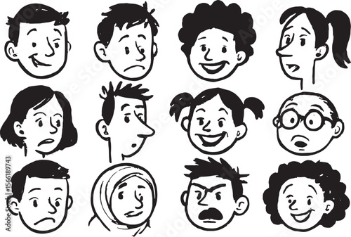 Hand Drawn Cartoon Faces with Various Emotions – Black and White Sketch