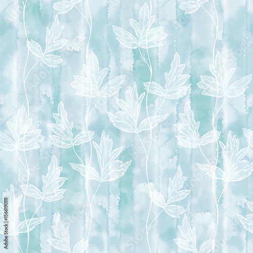 Seamless pattern with hand drawn leaves on blue watercolor. Vector nature background. Perfect for design templates, wallpaper, wrapping, fabric, print and textile. 