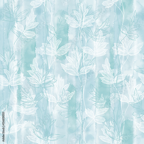 Monochrome seamless pattern of abstract leaves on blue watercolor. Art floral endless background. Vector. Perfect for design templates, wallpaper, wrapping, fabric, print and textile. 