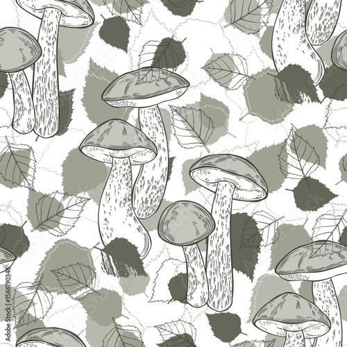 Boletus mushrooms and birch leaves on white. Seamless vector pattern. Hand drawn illustration. Contours and silhouettes. Monochrome. Perfect for design templates, wallpaper, wrapping, fabric, print 