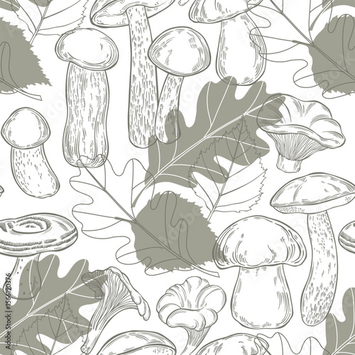 Porcini mushrooms, chanterelles, saffron milk caps, birch boletes, orange-cap boletus, milk mushrooms, oak and birch leaves on white. Seamless vector pattern.  Perfect for design templates, wallpaper,