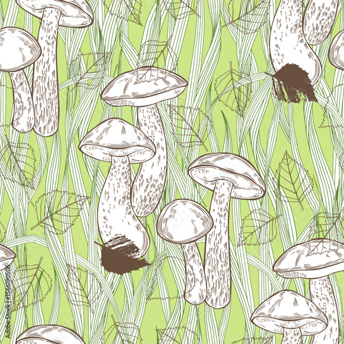 Birch boletes mushrooms, grass and birch leaves on green. Seamless vector pattern. Hand drawn illustration. Perfect for design templates, wallpaper, wrapping, fabric, print and textile. 