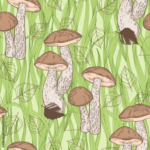 Birch boletes mushrooms, grass and birch leaves on green. Seamless vector pattern. Hand drawn illustration. Perfect for design templates, wallpaper, wrapping, fabric, print and textile. 