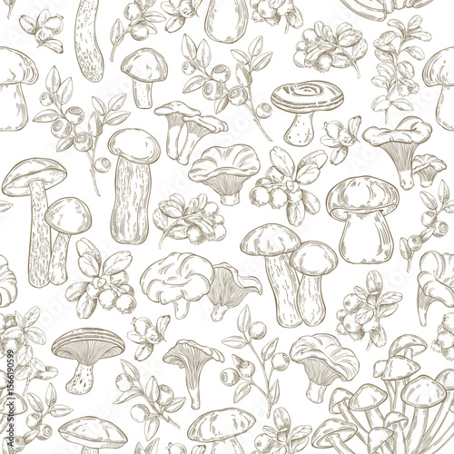 Forest mushrooms, lingonberry and blueberry branches on white. Stylish nature background. Monochrome vector seamless pattern. Perfect for design templates, wallpaper, wrapping, fabric, print and texti