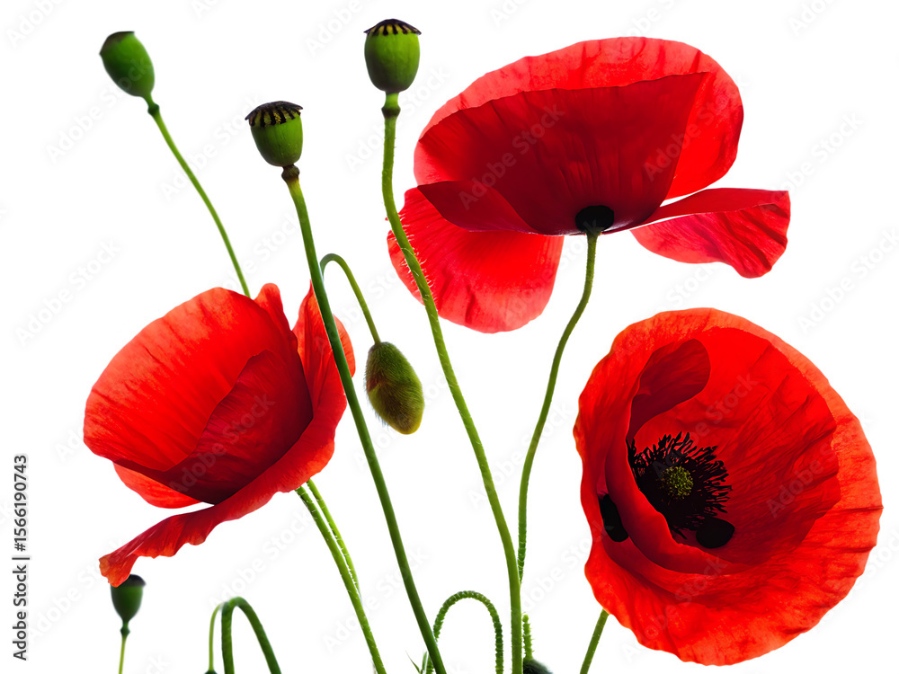 Obraz premium Vibrant red poppies with green buds isolated on a transparent background
