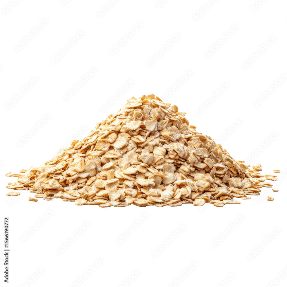 Obraz premium Pile of rolled oats on a clean white background. Centered studio composition with scattered flakes. Natural nutrition and wholesome energy concept. Ideal for cereal packaging, recipe blogs