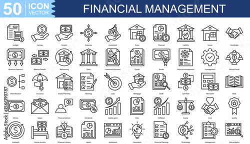Financial Management icon collection set. Containing budget, Savings, Income, Expenses, Investment, Asset, financial icon