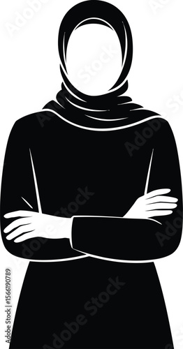 Black and White Silhouette of a Woman Wearing a Hijab with Arms Crossed