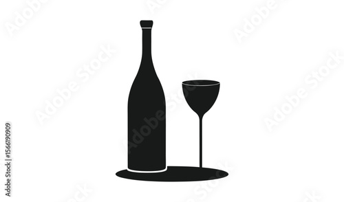 Minimalist black silhouette of a wine bottle with a cork and a wine glass on a white background