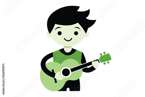 Young person enthusiastically playing a ukulele with musical notes