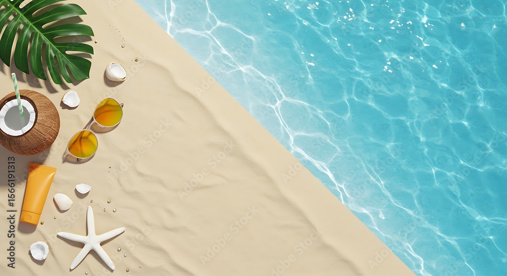 Naklejka premium Tropical Beach Scene with Coconut, Sunglasses, and Clear Blue Water