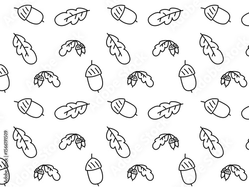 Seamless black and white monochrome autumn doodle pattern made of different leaves and acorn