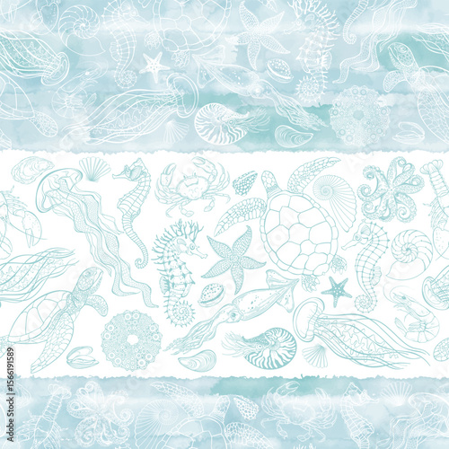Art sea background. Seamless pattern with sea creatures on blue watercolor and white background. Vector. Perfect for design templates, wallpaper, wrapping, fabric, print and textile.